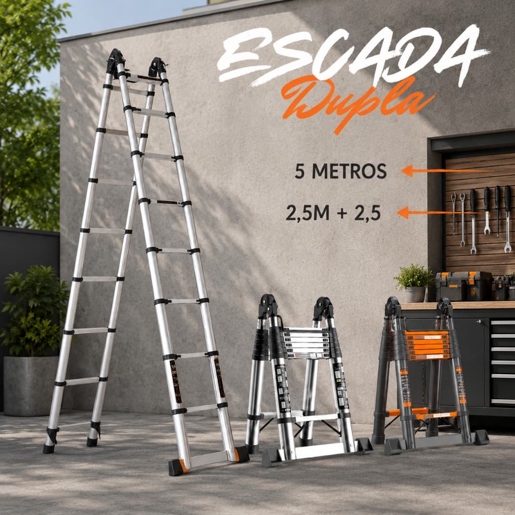 Escada Telescópica Dupla em Alumínio 3,4m / 5m Extensível Dobrável Multifuncional Profissional