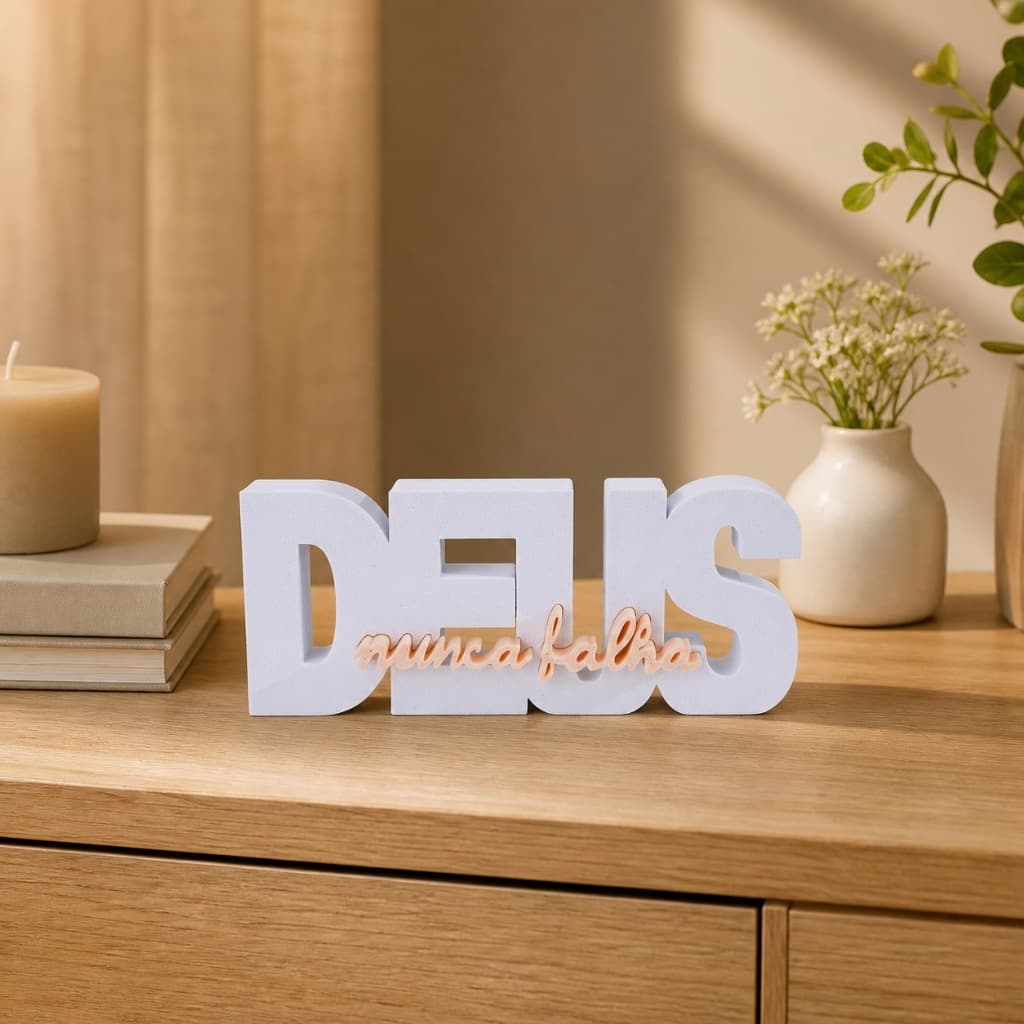 Letreiro Decorativo Deus Nunca Falha Enfeite Religioso para Decoração Sala Rack Estante Mesa Prateleira Casa Escritório