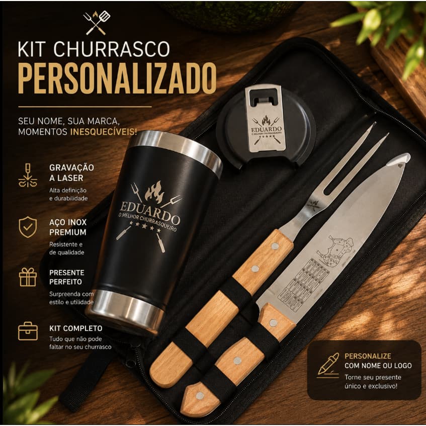 Kit Churrasco Personalizado e Copo termico 473ml com tampa com abridor de garrafa  - Dia dos Pai, Presente personalizado