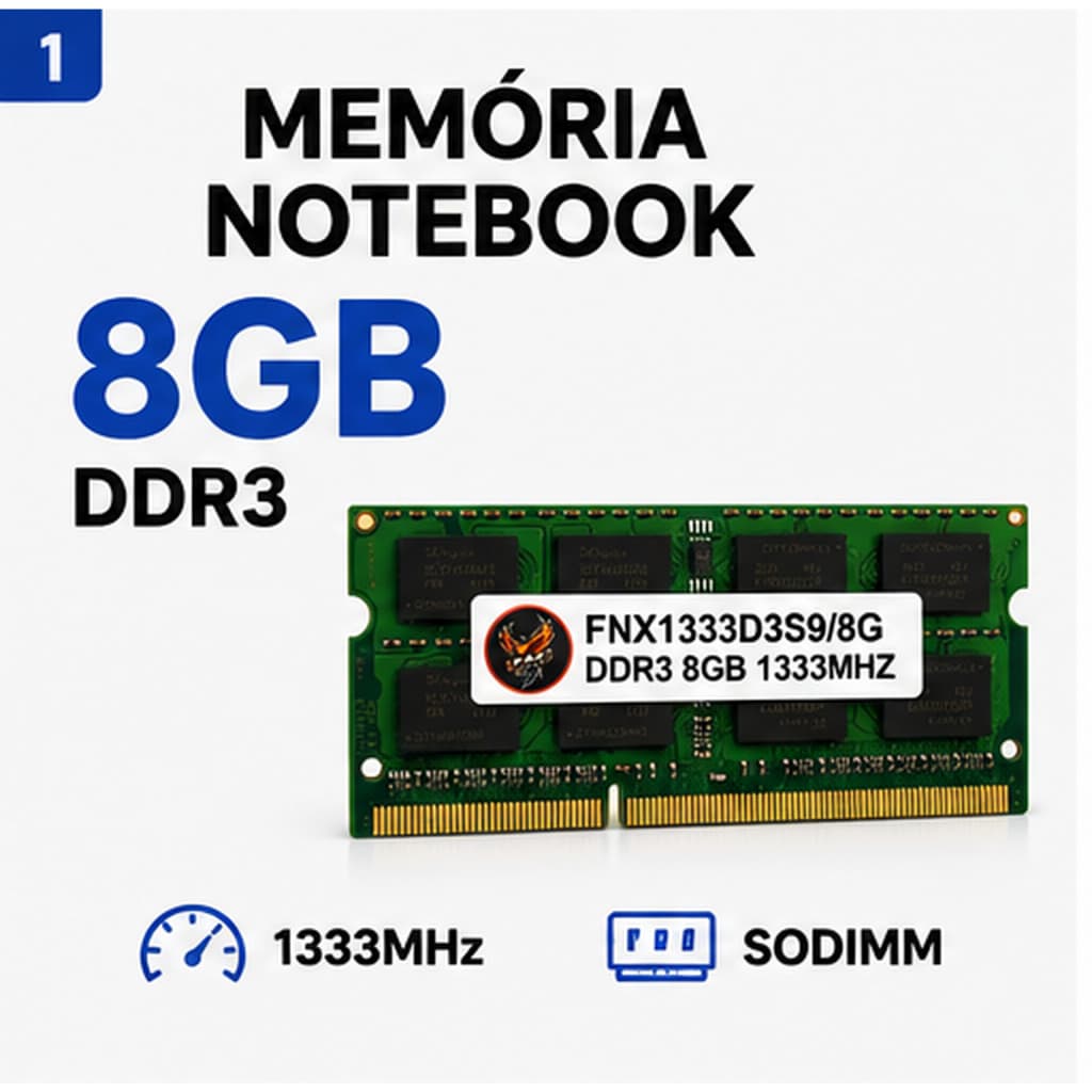 Memória RAM Notebook 8GB DDR3 1333MHz SODIMM FNX | Nova Lacrada | Upgrade Notebook Mini PC PDV