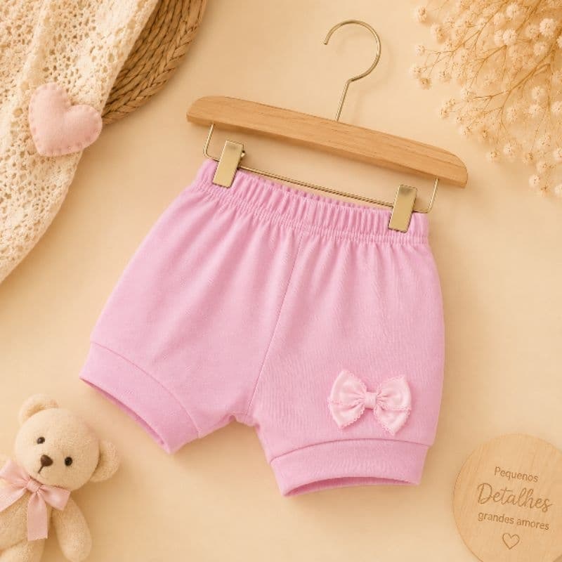 Shortinho Infantil Feminino com Lacinho Bebê Menina Shorts Rosa Confortável
