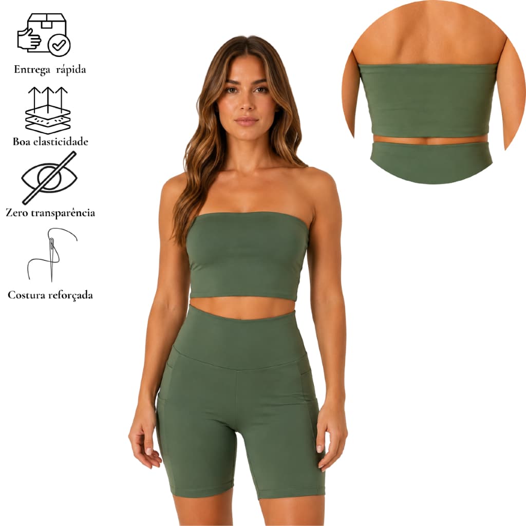 Conjunto Fitness Feminino Academia Top Tomara que Caia Duplo Short Forrado com Bolso Lateral