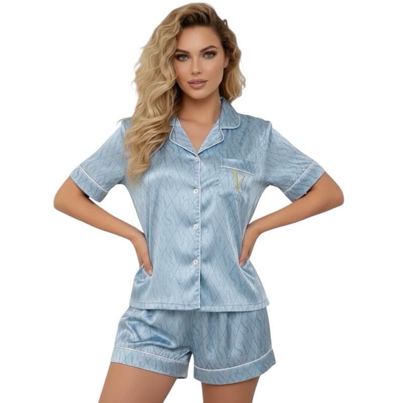 Pijama Feminino Azul bebê, rosa claro detalhe em V, Cetim toque de Seda Pijama Americano, Pós Cirúrgico, Amamentação.