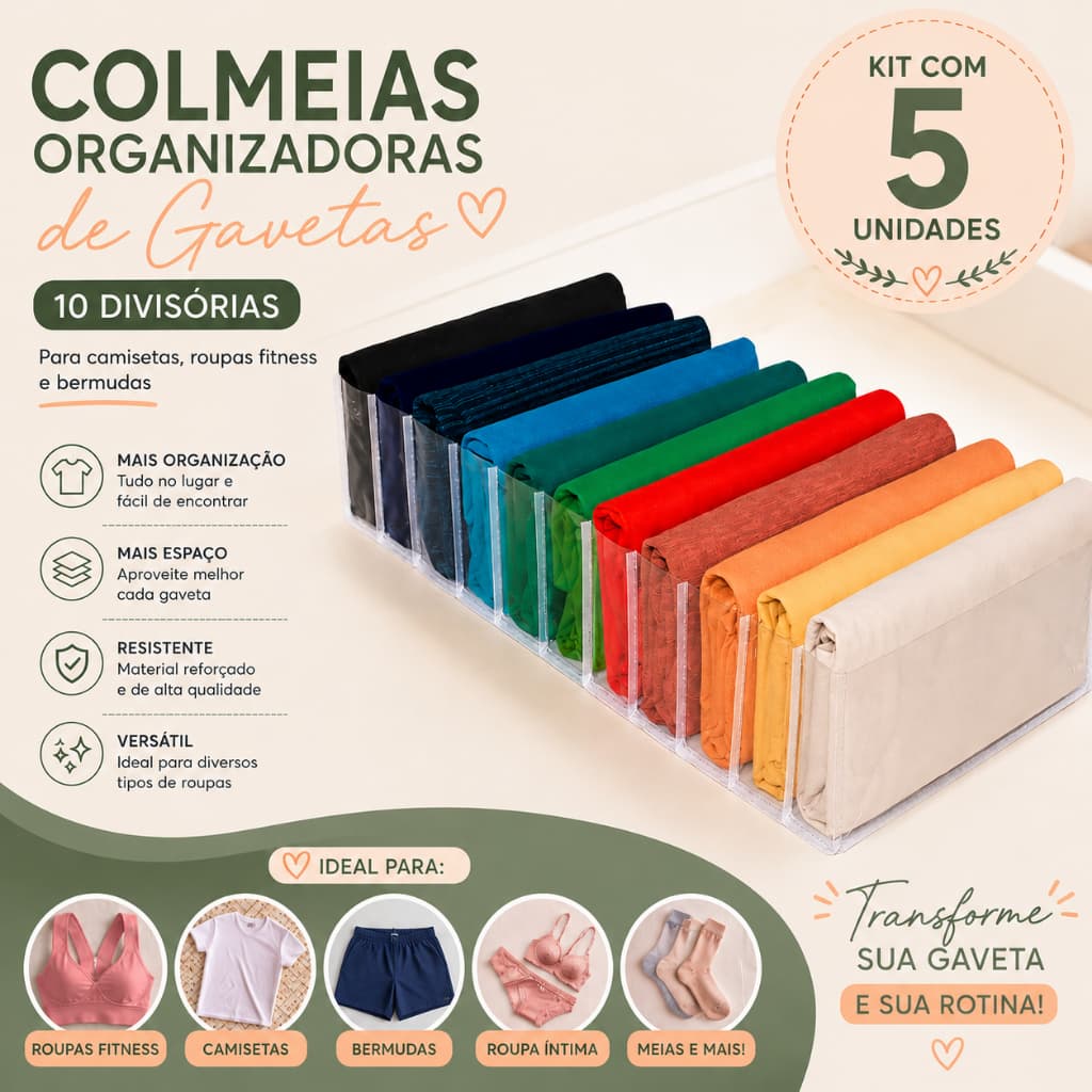 Kit 5 Colmeias Organizadoras de Gavetas com 10 Divisórias para Camisetas, Roupas Academia e Bermudas