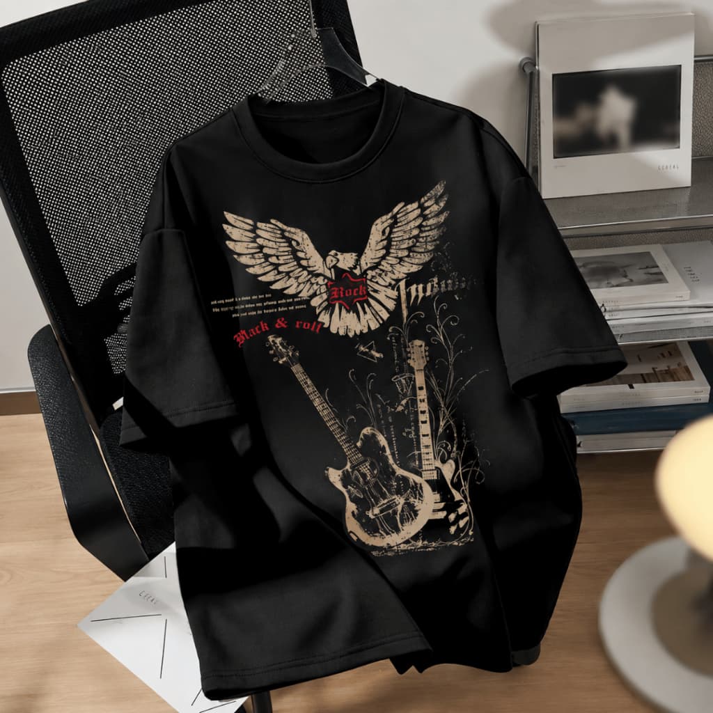 Camiseta Oversized Respirável da Moda, Estampa Combinada de Asa e Guitarra - BT1215