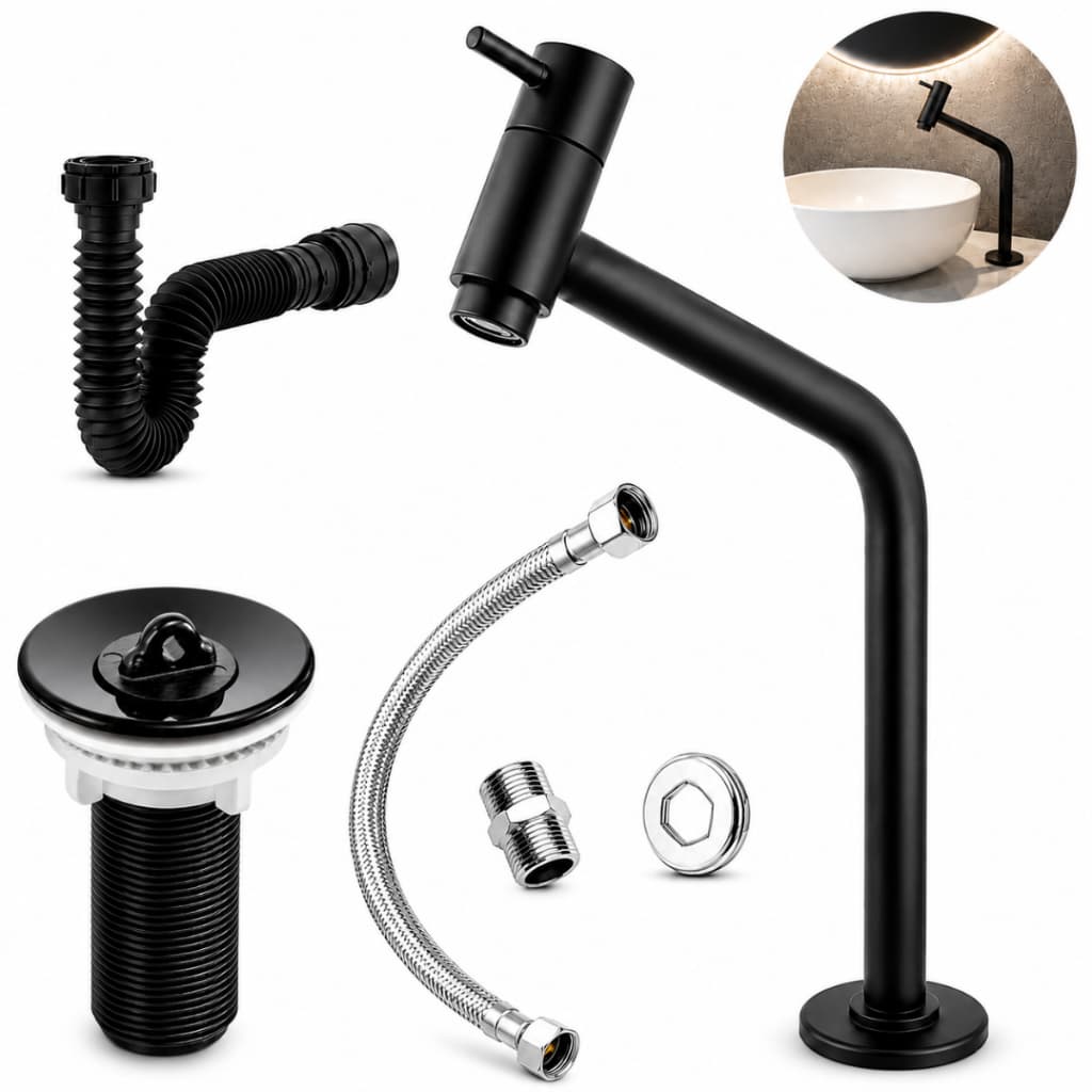 Kit Torneira Banheiro Bica Alta ABS Preta Bancada Lavabo Cuba + Válvula 7/8 + Sifão + Engate Rabicho 40cm