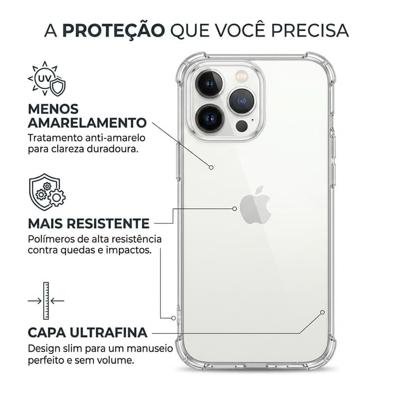 Capa Capinha iPhone Transparente Anti Impacto TPU  Proteção de Câmera 11 12 13 14 15 16 17 Pro Max