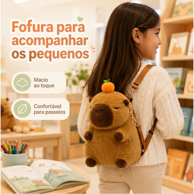 Mochila Infantil de Pelúcia Capivara Fofa Macia Mochila de Costas Infantil com Alças Ajustáveis