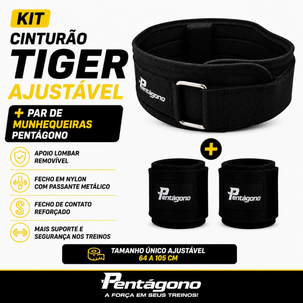 Kit Cinturão Musculação Tiger Ajustável + Par De Munhequeiras Pentágono – Academia, Agachamento e Treino