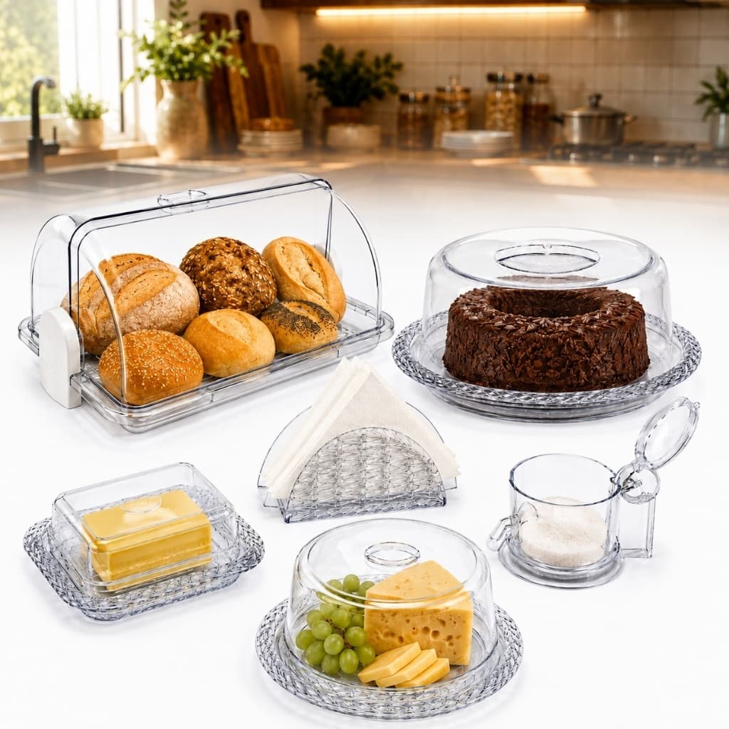 Kit Café da Manhã 6 Peças Acrílico Cristal Porta Pão Boleira Queijeira Manteigueira Açucareiro Porta Guardanapo