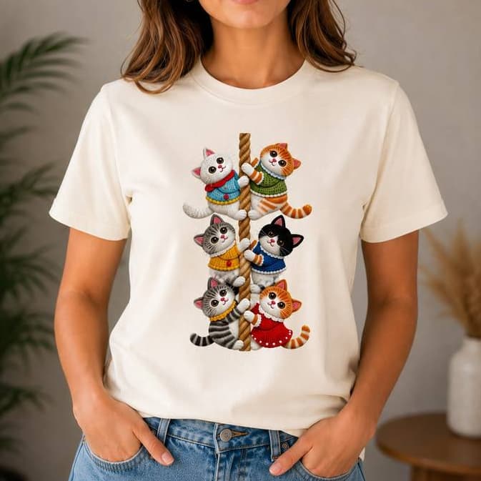 Camiseta Feminina Manga Curta GATINHO FOFO Subindo Corda em Algodão Lumix