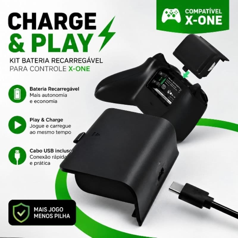 Bateria Recarregável Controle Xbox One Cabo USB Carregador Play Charge
