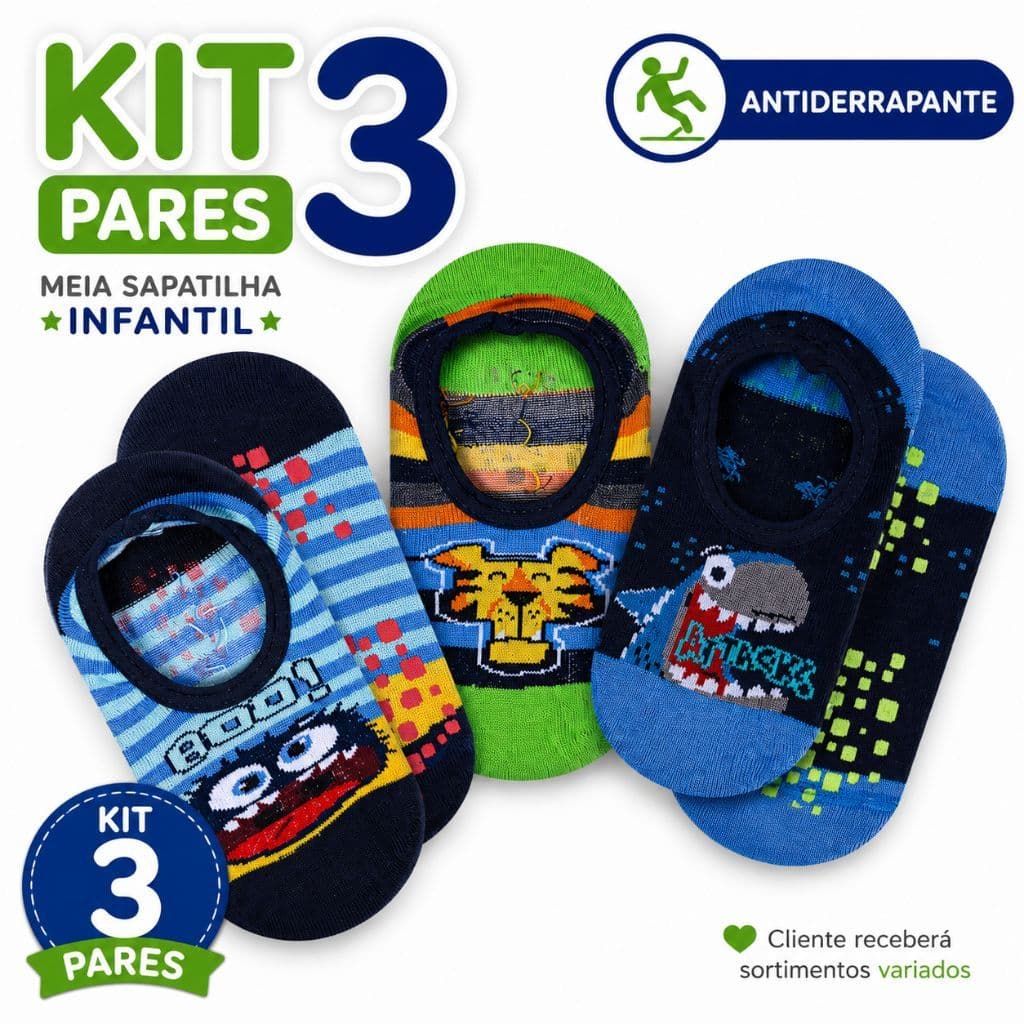 Kit Meia Sapatilha Antiderrapante Infantil Menina Menino Meias de Estampas Sortidas Algodão não escorrega a Criança