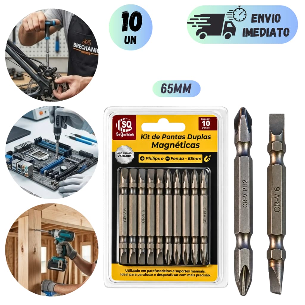 KIT PONTAS DUPLAS PARA PARAFUSADEIRA 65mm PONTEIRA BITS PHILIPS FENDA MAGNÉTICA