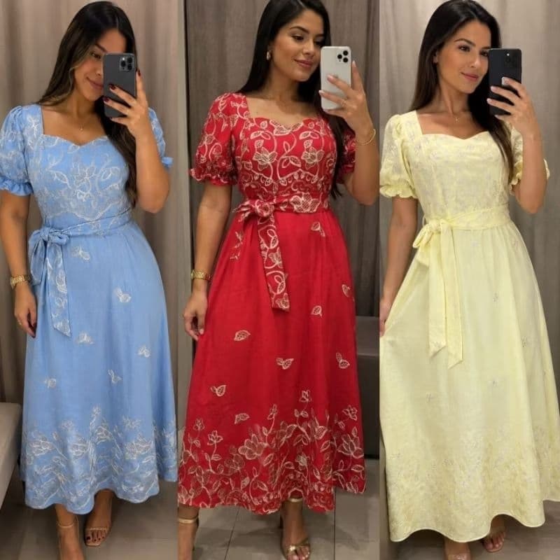 Vestido longo manga princesa no tecido biscoamida bordado real com cinto Tendência moda cristã, congresso, casual,elegan