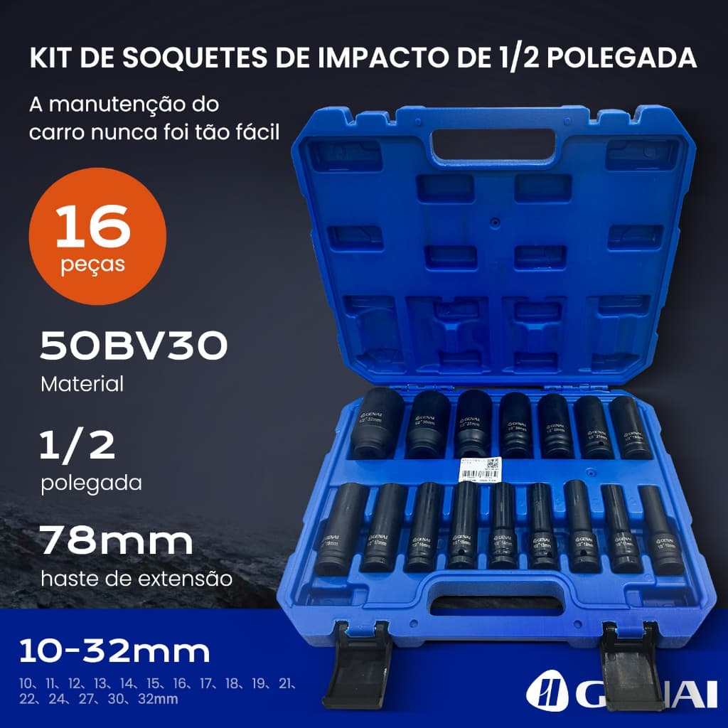 Kit Soquetes de Impacto Longo 1/2" GENAI 16 Peças 10 a 32mm para Chave de Impacto
