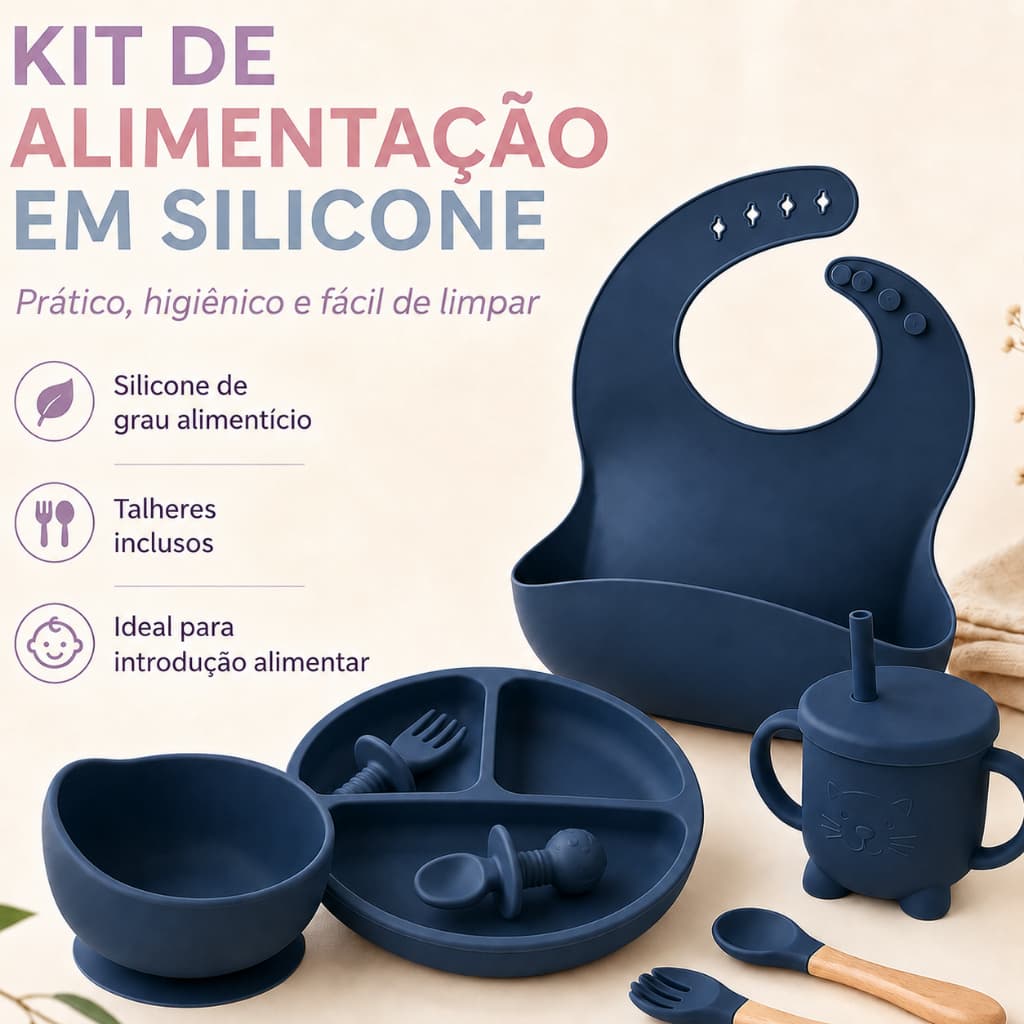 Kit 8 peças silicone para bebê livre de BPA, talheres com ventosa antiderrapante, prato divisório, babador e copo com ca