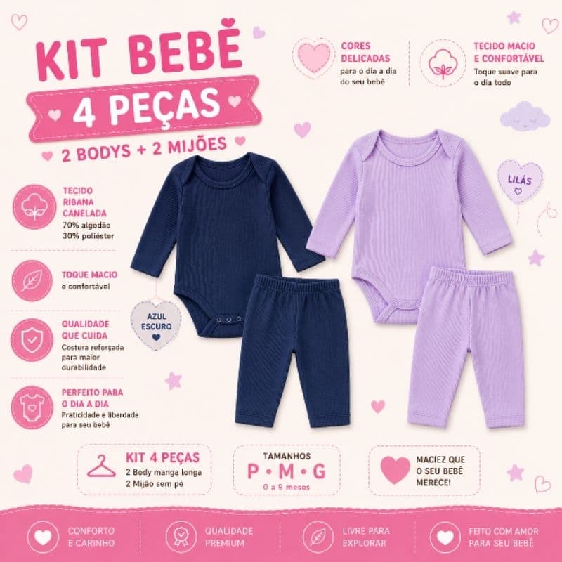 Kit com 4 peças - 2 body manga longa e 2 mijão calça infantil bebe masculino e feminino calça bori bory