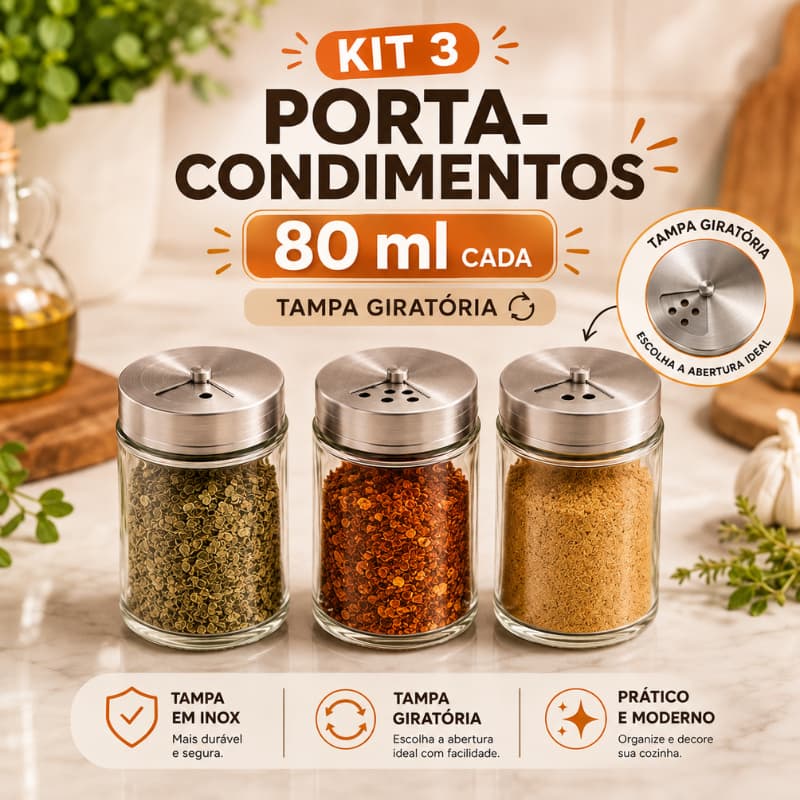 Kit 3 Porta Condimentos 80ml de Vidro com Tampa Giratória Inox Porta Temperos Saleiro Cozinha |3131| Pronta Entrega