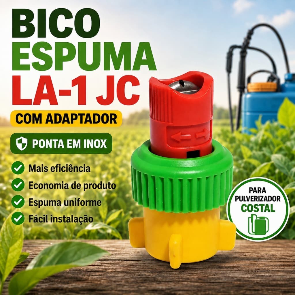 Bico Espuma LA-1 JC com Adaptador Ponta em Inox Leque Ajustável Rosca 13,8mm para Pulverizador Costal