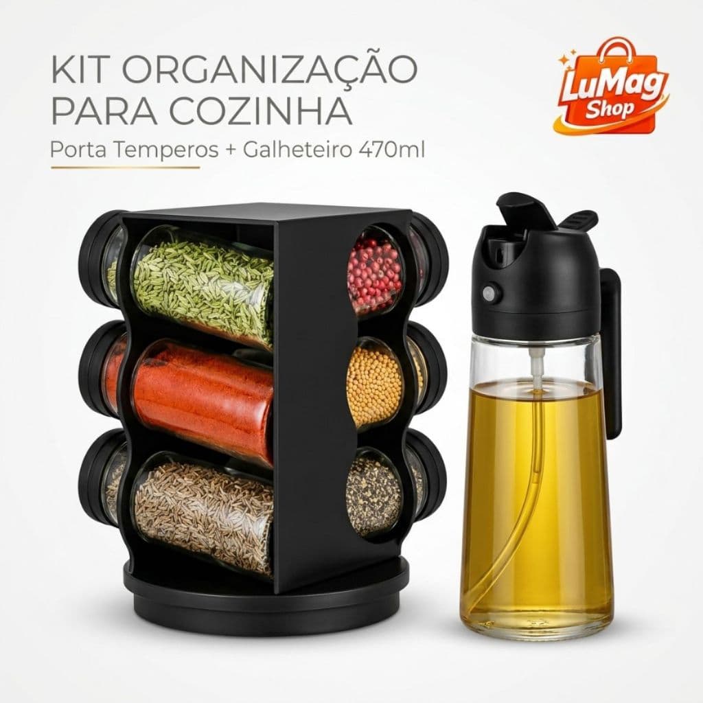 Kit Porta Condimentos Giratório 6 Potes 80ml + Borrifador Galheteiro 470ml Azeite Vinagre