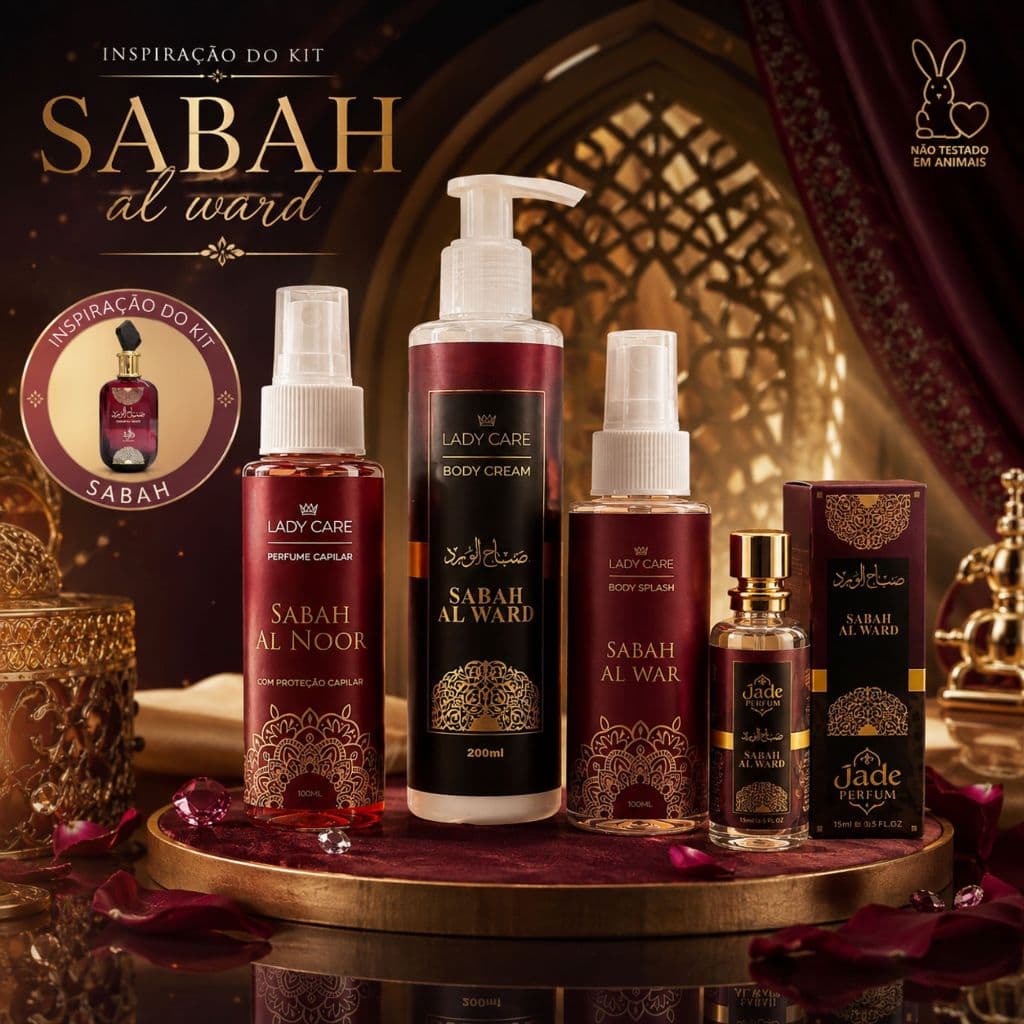 Kit Sabah Al Ward Feminino – Perfume Árabe + Body Splash + Body Cream + Perfume Capilar