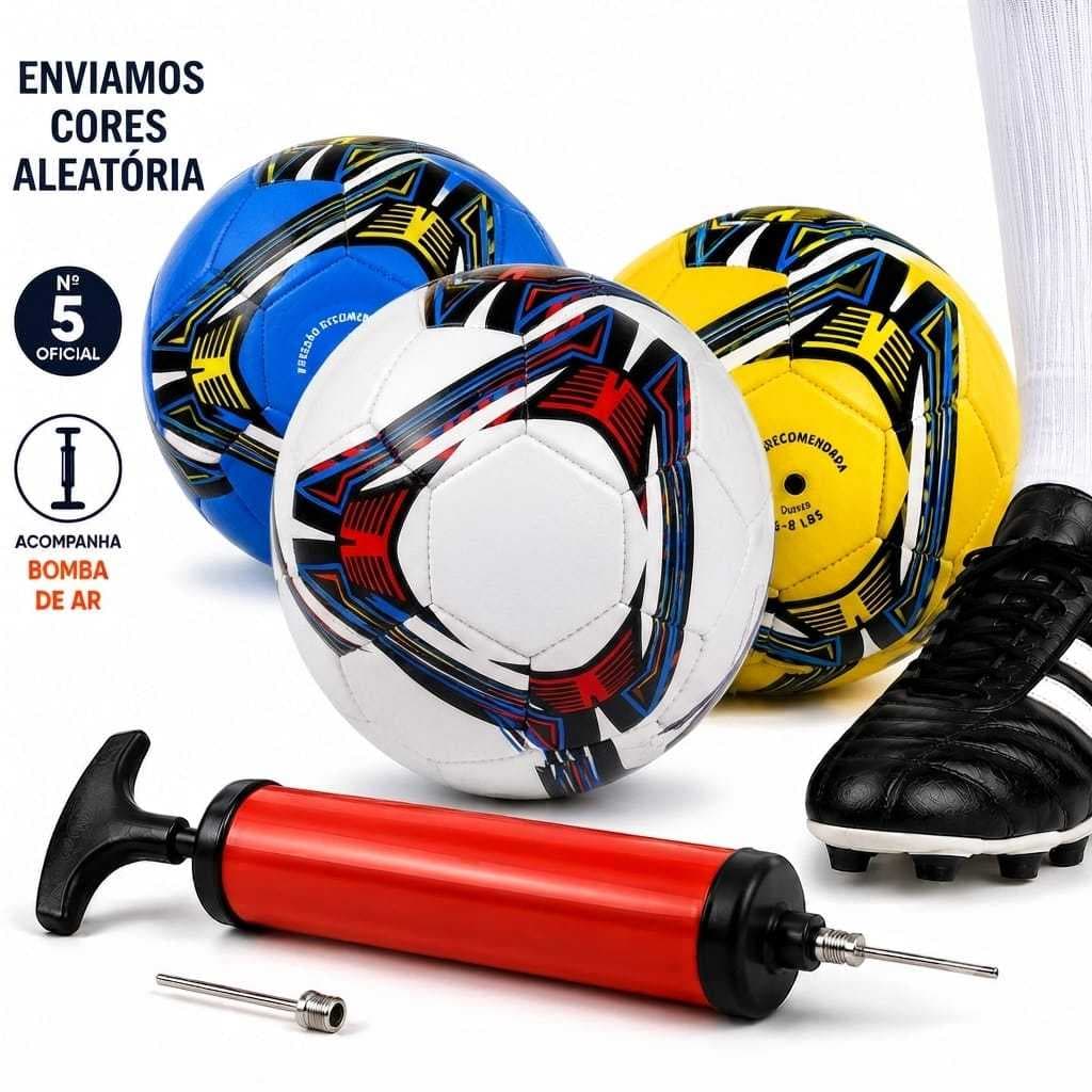 Kit Bola de Futebol + Bomba de Ar Ideal para Treino e Lazer em Campo ou Quadra Bola Couro  Diversas Cores Resistente