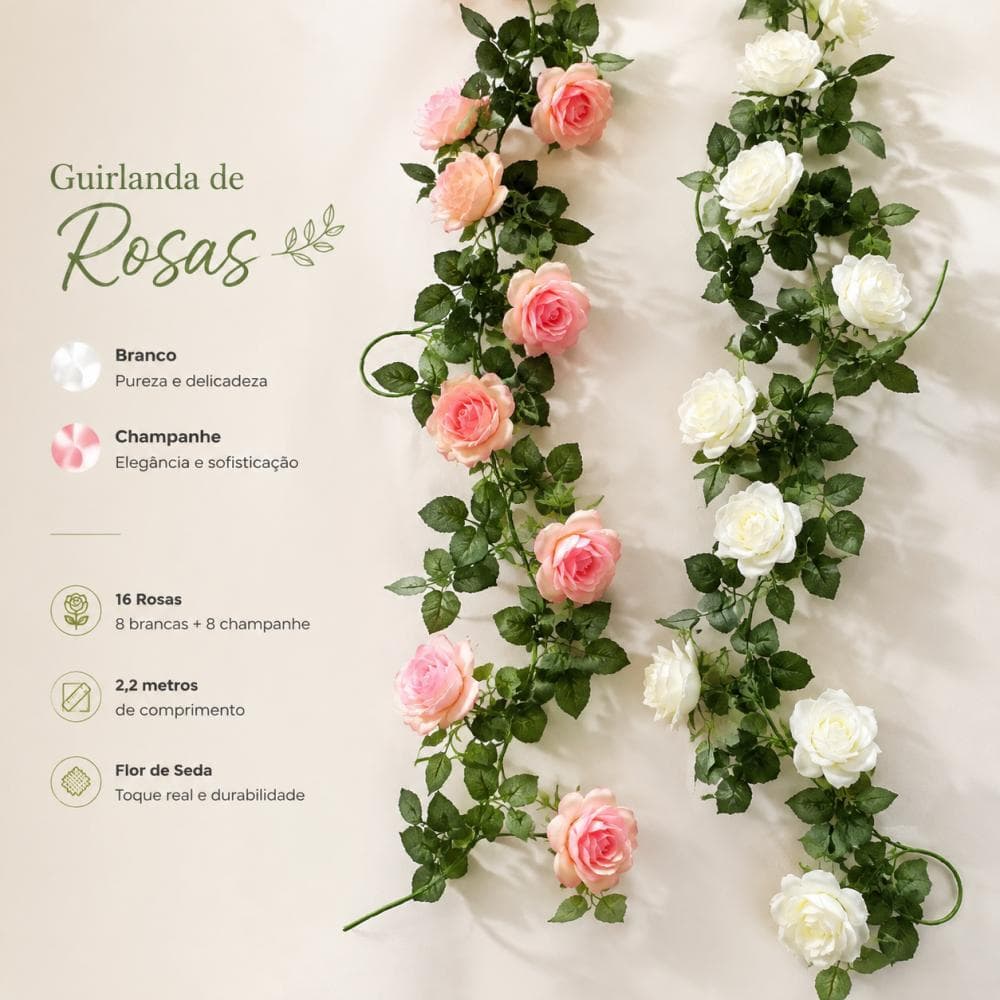 Kit 2 Rosa Artificial Branca 2,2m com 16 Flores, Corda de Flores Decorativa para Parede, Festa, Casamento e Casa