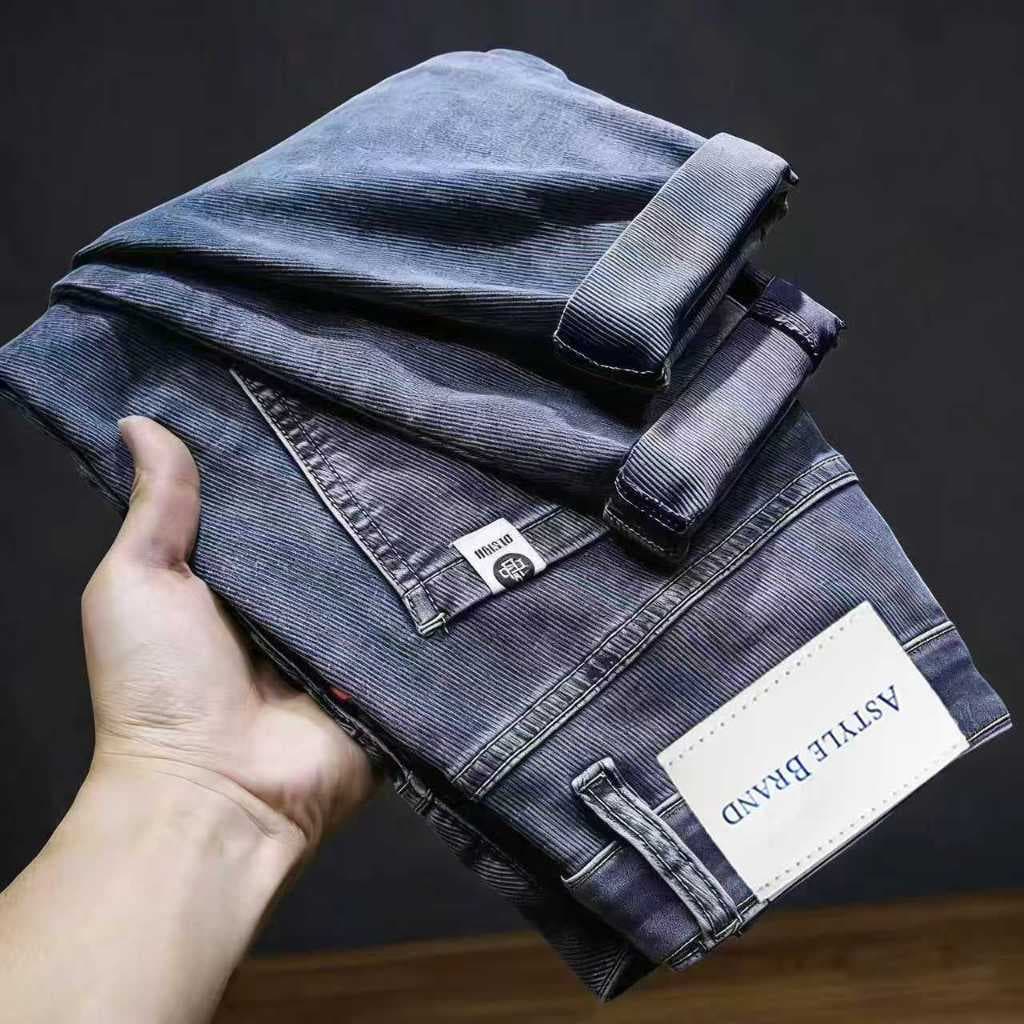 Calça Jeans Masculina Reta Algodão Elastano, Jeans Desgastado Bordado Estilo Urbano Masculino