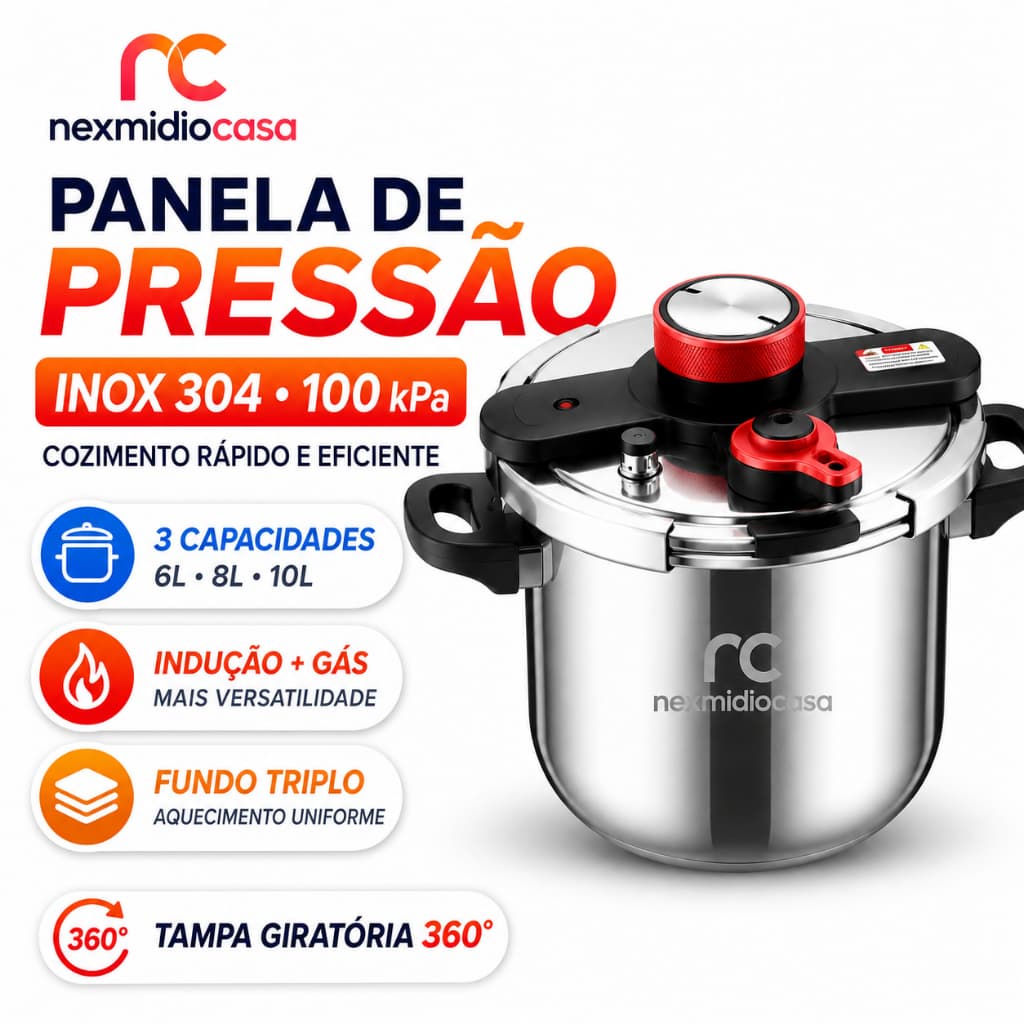 Panela de Pressão Inox 304 6L 8L 10L 100kPa para Indução e Gás Tampa Giratória 360° Fundo Triplo