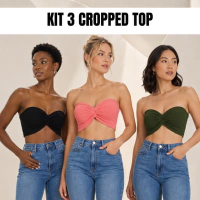 Kit 3 Top Faixa Cropped Tomara Que Caia Para O Verão Canelado Nó Transpassado