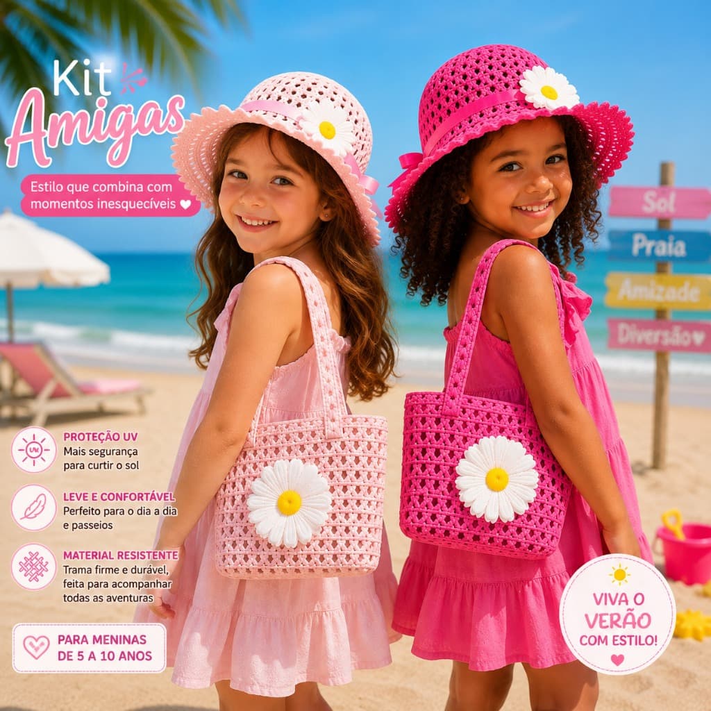 Kit Chapéu de Praia Infantil + Bolsa de Palha Menina Moda Praia Verão Piscina 2 a 6 Anos