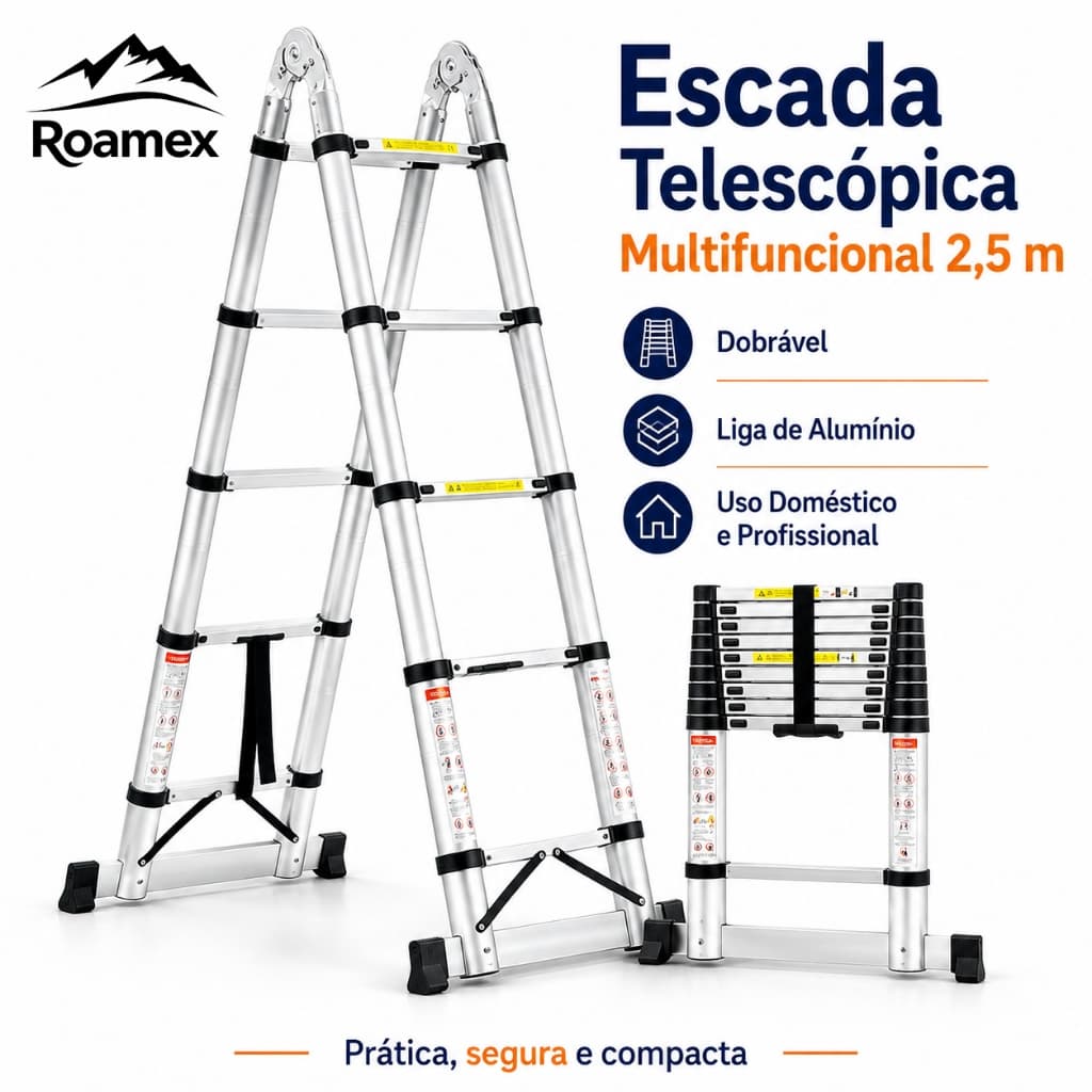 Escada Telescópica Multifuncional 2,5m de Alumínio Dobrável Portátil Modo A e Reta para Casa Trabalho