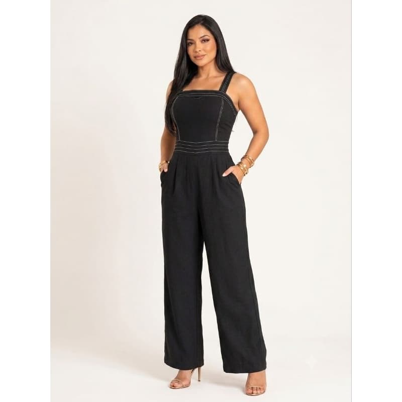 Macacão Feminino Longo Pantalona Alfaiataria Marrant Elegante com Lastex e Bolsos Veste 42 ao 44