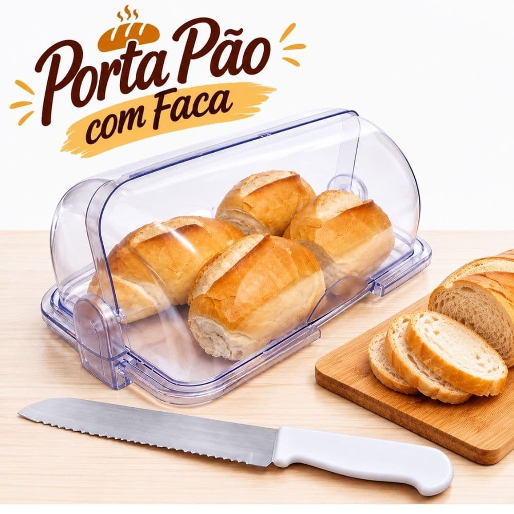 Kit Faca Para Pão + Porta Pão Acrílico Transparente Tampa Basculante Organizador Ideal Para Pães Bolos Doces