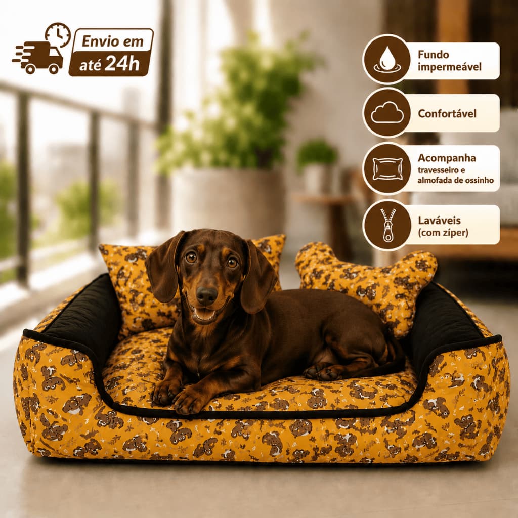 Cama Pet Luxo Dino Amarelo Caminha para Cachorro e Gato Fundo Impermeável Lavável com Zíper + Almofada e Ossinho