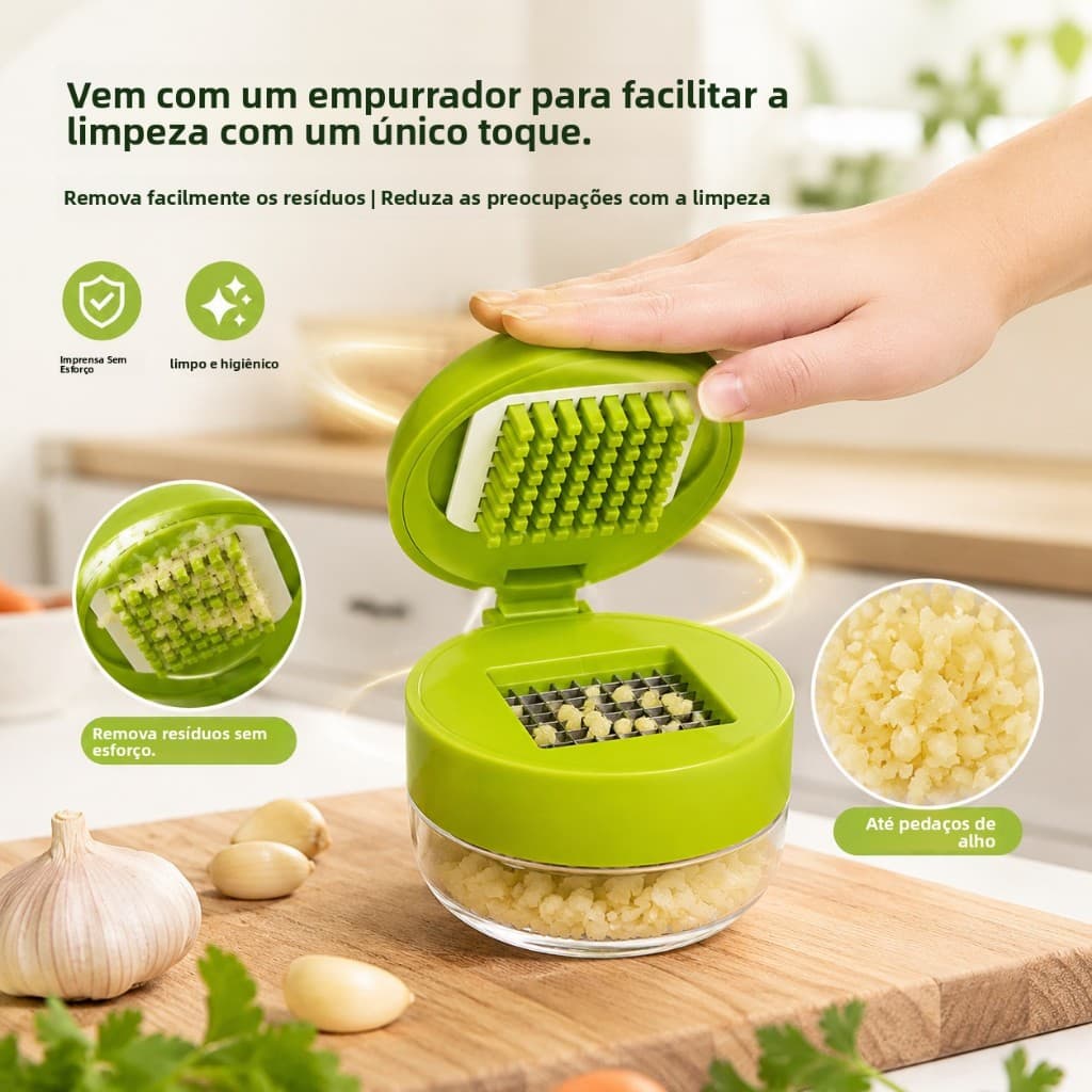 Triturador de Alho Multifuncional em Aço Inoxidável, Espremedor Manual de Pressão para Fazer Alho Picado e Pasta em Casa