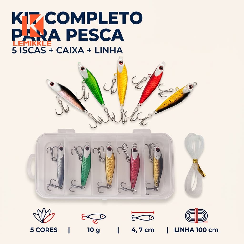 LEMIKKLE - Isca Jig De Metal 10g 4,7cm 5 Peças Com Estojo E Linha De Pesca, Isca De Chapa Para Arremesso Longo,