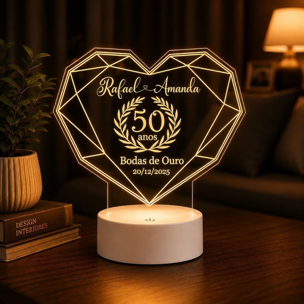 Luminária LED 3D Personalizada Presente Bodas de Ouro Prata Multicores