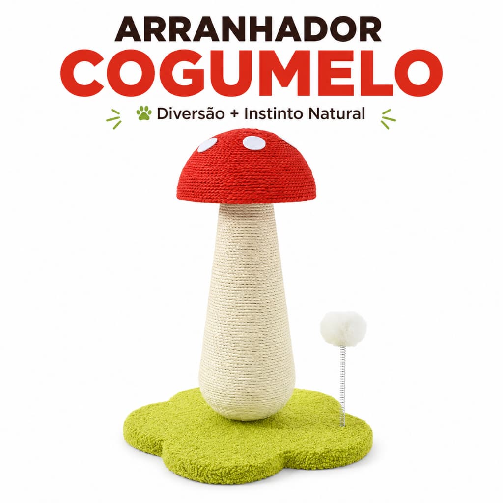 Arranhador Cogumelo para Gatos 50cm com Sisal Bolinha Interativa e Base Macia