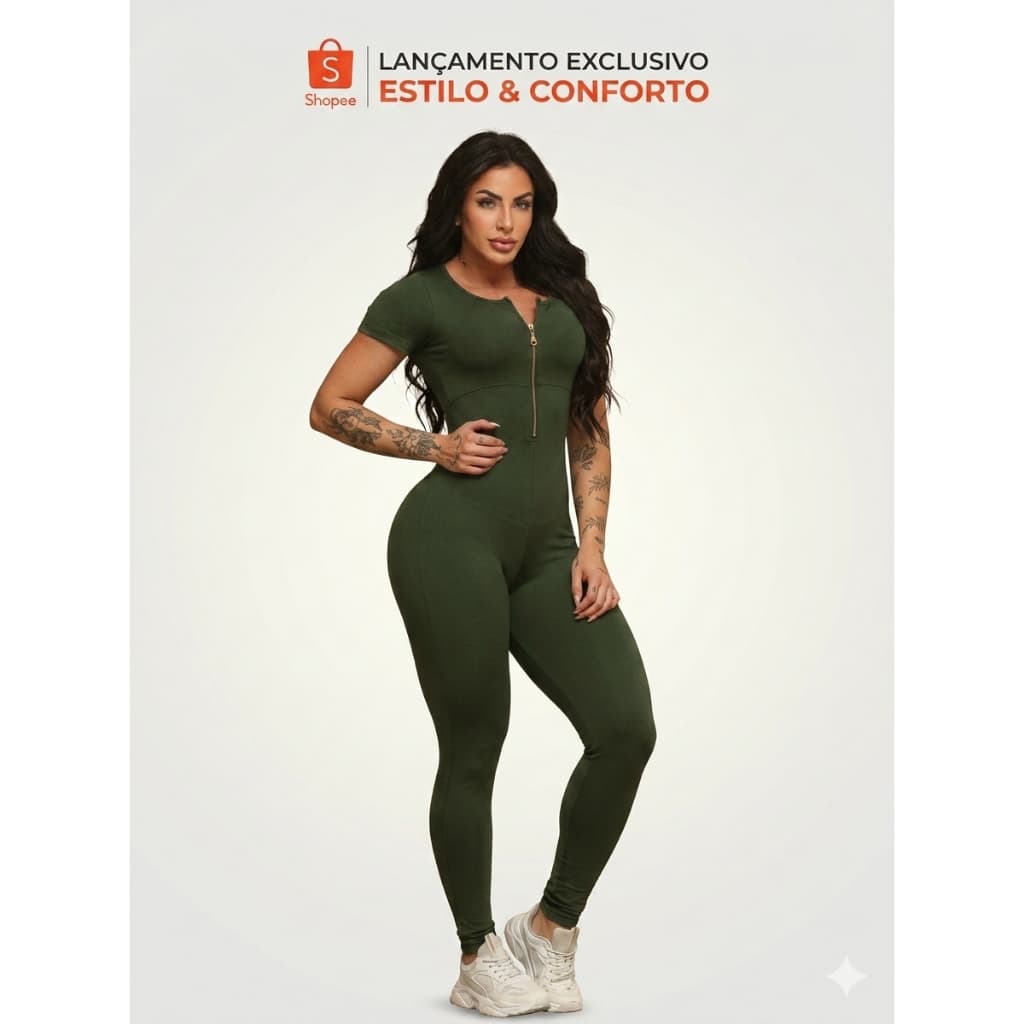 Macacão Longo Ziper Fitness Canelado Poliamida Grosso  Roupa de Academia Não Fica Transparente