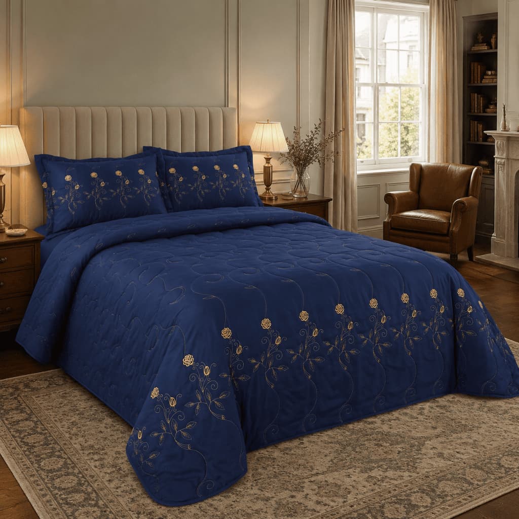 Cobre-Leito Casal Queen Kit Colcha Matelassê Micro Percal 200 Fios Bordado Floral 3 Peças Luxo
