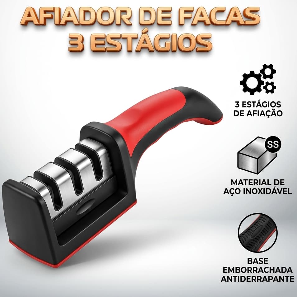 Amolador de Facas 3 Afiadores Aço Inoxidável Base Emborrachada Cozinha