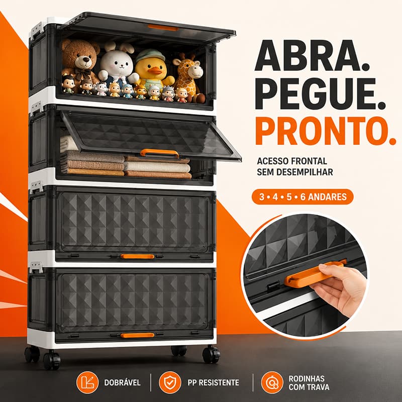Armário Organizador Multiuso Dobrável Caixa Organizadora Grande em PP com Rodinhas e Portas Transparentes 3 a 6 Andares