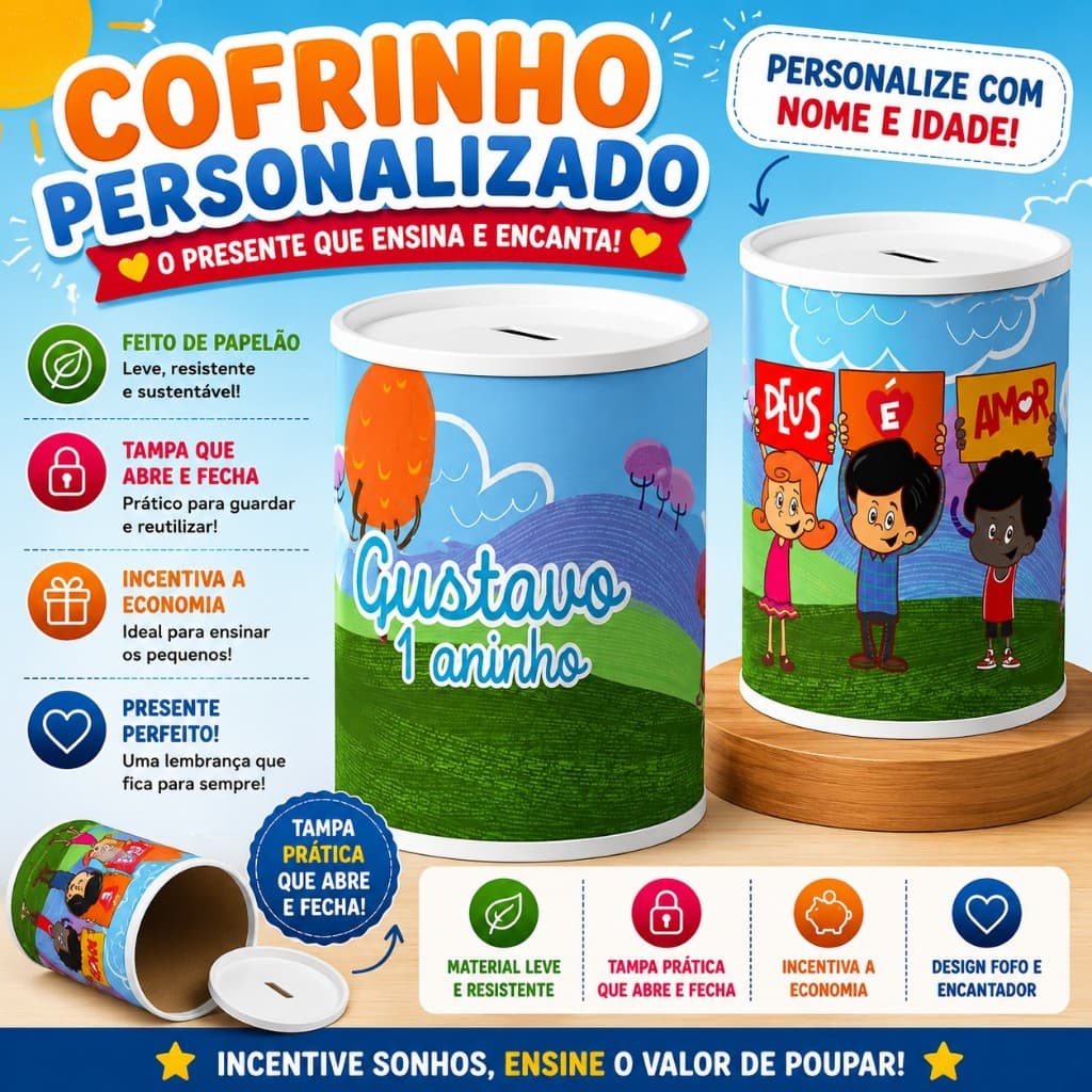 Cofrinho Personalizado 3 Palavrinhas | Festa Infantil | Kits 9/12/15/24/30 - Envio Super Rápido