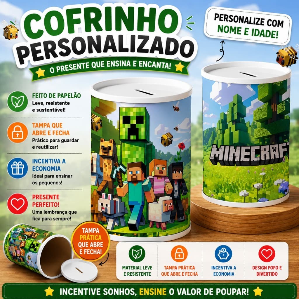 Cofrinho Personalizado Minecraft | Festa Infantil | Kits 9/12/15/24/30 - Envio Super Rápido