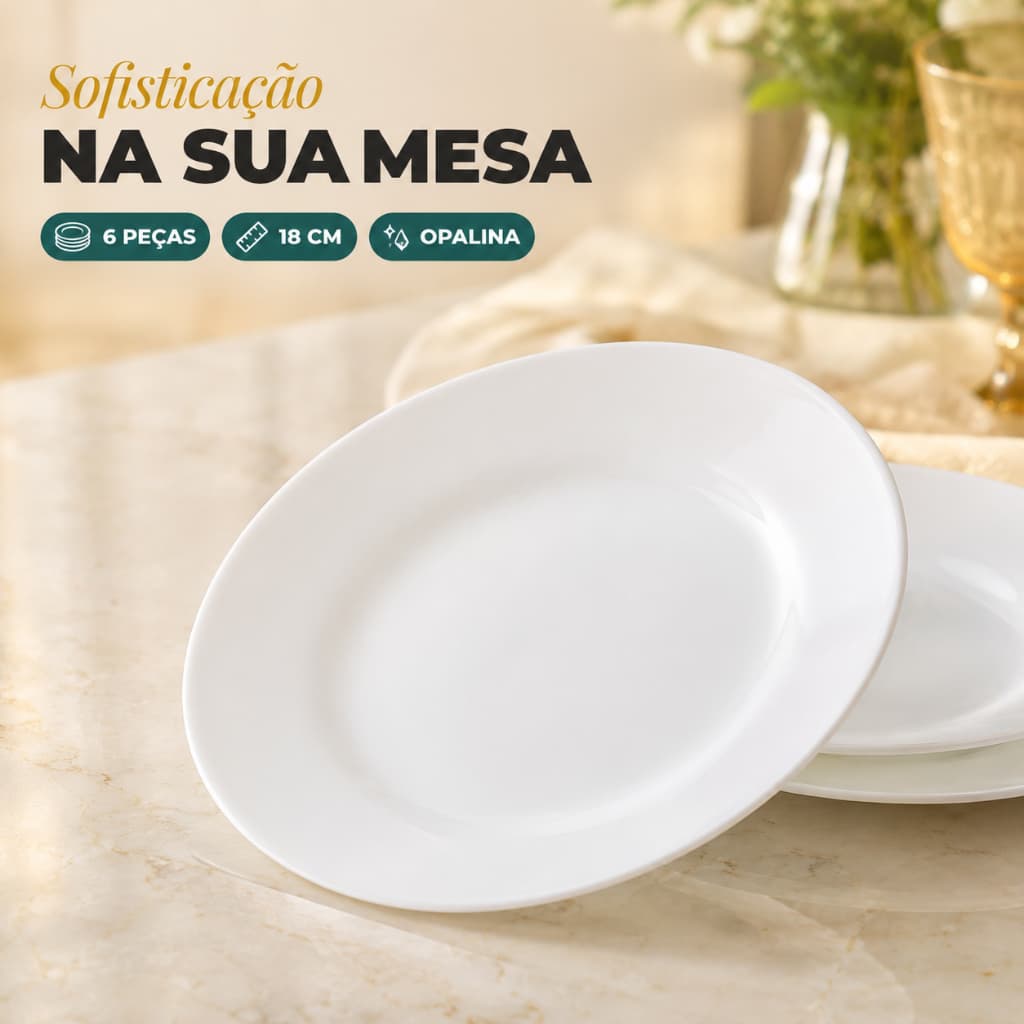 Jogo De 6 Peças Pratos Fundos de Sobremesa Redondo e Quadrado em Vidro Opalina Branco Restaurante Hotel Mesa Posta