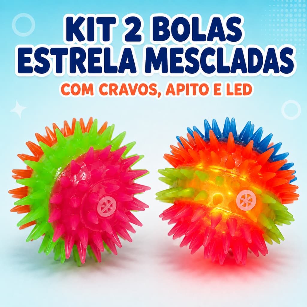 Kit 2 Bola Estrela Mescla Cravo Led  Apito Pet Ninho Interativo Divertido  Cães Gatos Brinquedo Sonoro Luminoso Sortidos
