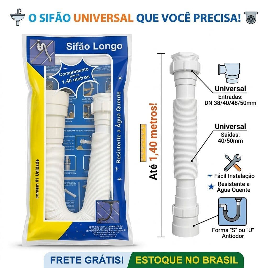 Sifão universal Multiuso Longo Flexivivel - Comprimento de 1,40 - Fere
