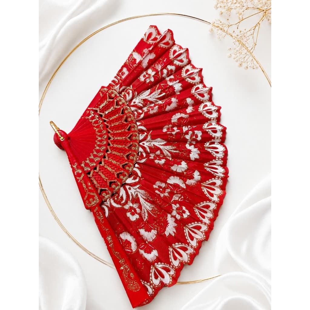 Leque Dobrável Vermelho Floral Portátil Elegante com Detalhes Dourados